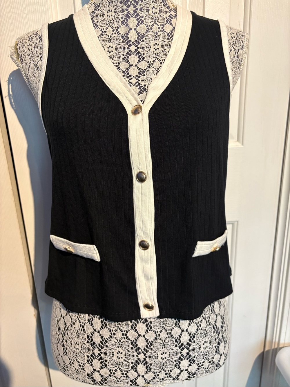 Marled Black Ribbed Knit Top with Tag